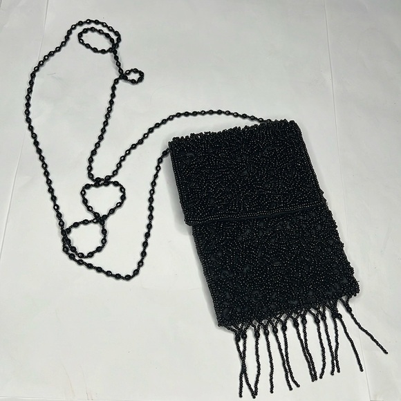 Glass Microbeads Dully Beaded Black Crossbody Bag with Bead Fringe - Picture 1 of 12